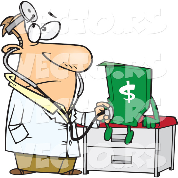 A cartoon male doctor diagnosing sick american dollar bill